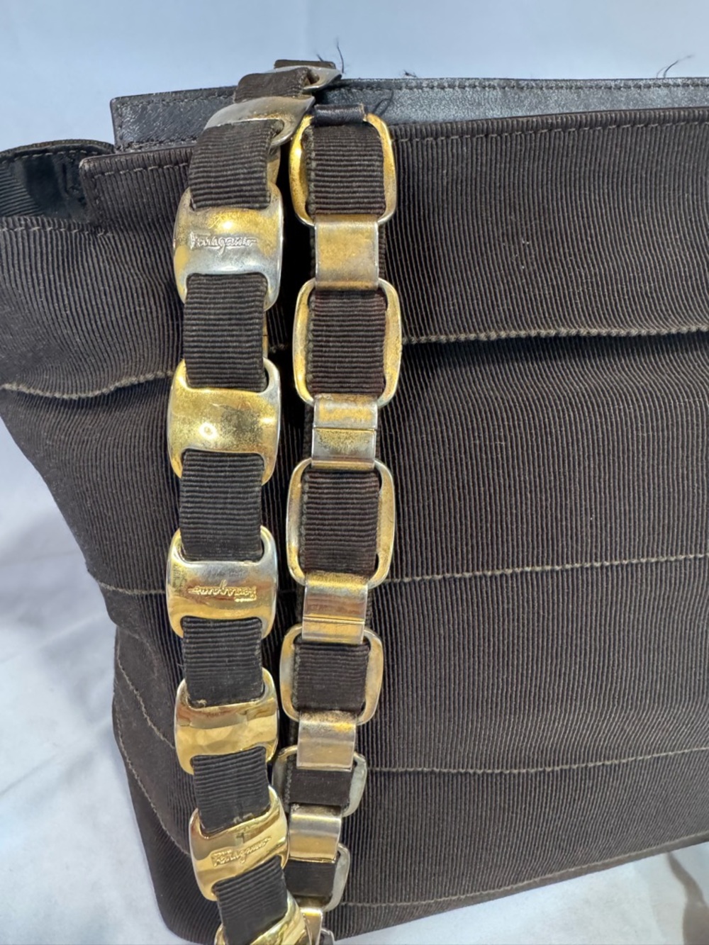 Tiered Brown Grosgain Ribbon Shoulder Bag with gold Chain links- AU-21 Series - Picture 2 of 10